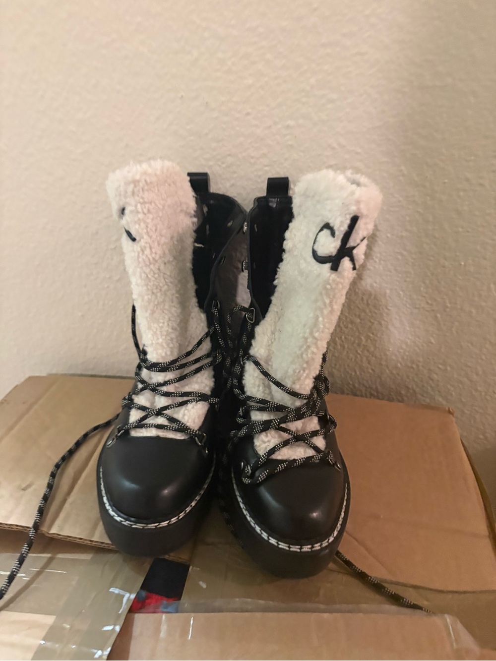Calvin Klein Black & White Faux-Shearling lace-Up Boots